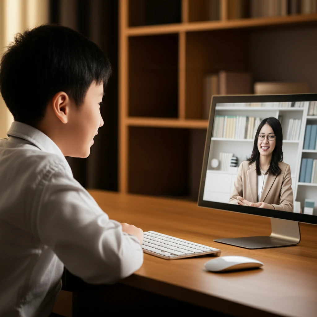 선생님과 학생이 화상 통화로 즐겁게 사회 개념을 학습하는 모습
