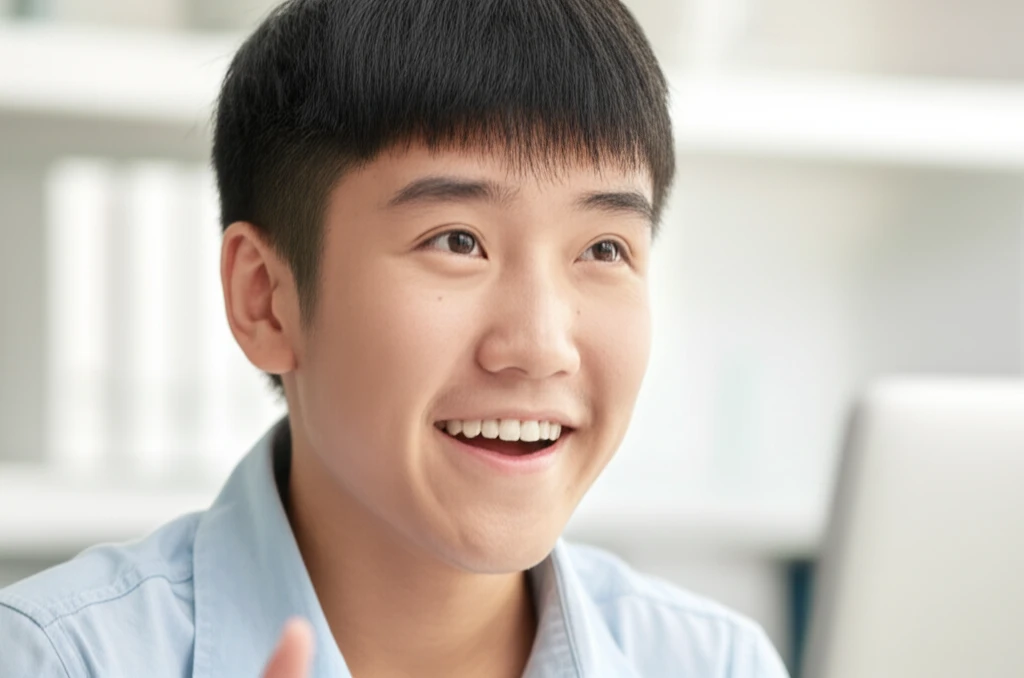 학생이 선생님의 설명을 듣고 활짝 웃으며 고개를 끄덕이는 모습